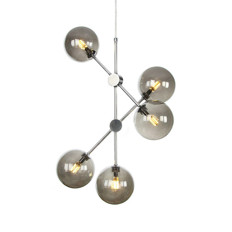 Contemporary Smoke Glass Ball Pendant Chandelier - 5 Bulb Hanging Ceiling Light For Bedroom