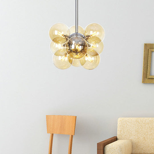 Modern Chrome Pendant Chandelier with Amber Glass Shade - 9 Heads Orb Lighting Fixture