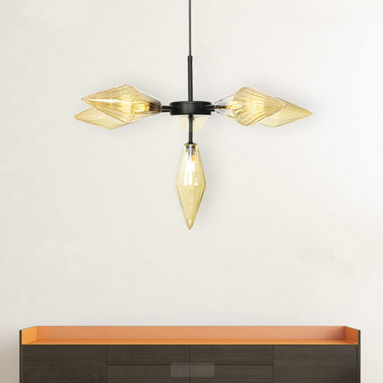 Modern Black Tapered Chandelier Lamp with 6 Amber Glass Heads - Stylish Ceiling Pendant Light