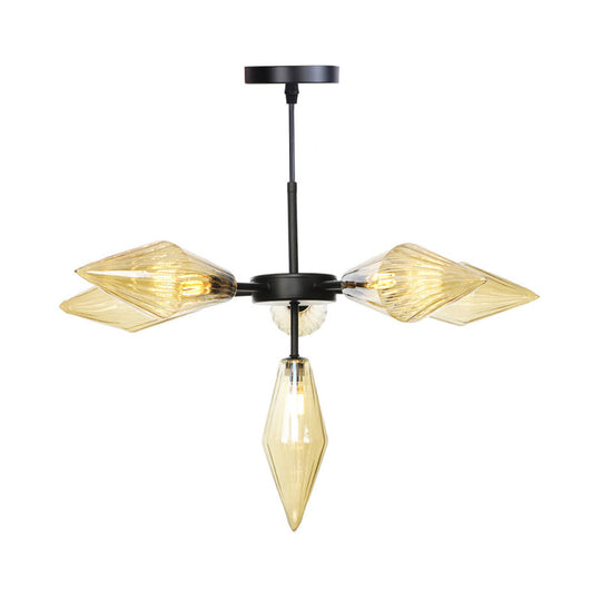 Modernist Black Tapered Chandelier Lamp With 6 Amber Glass Heads - Ceiling Pendant Light