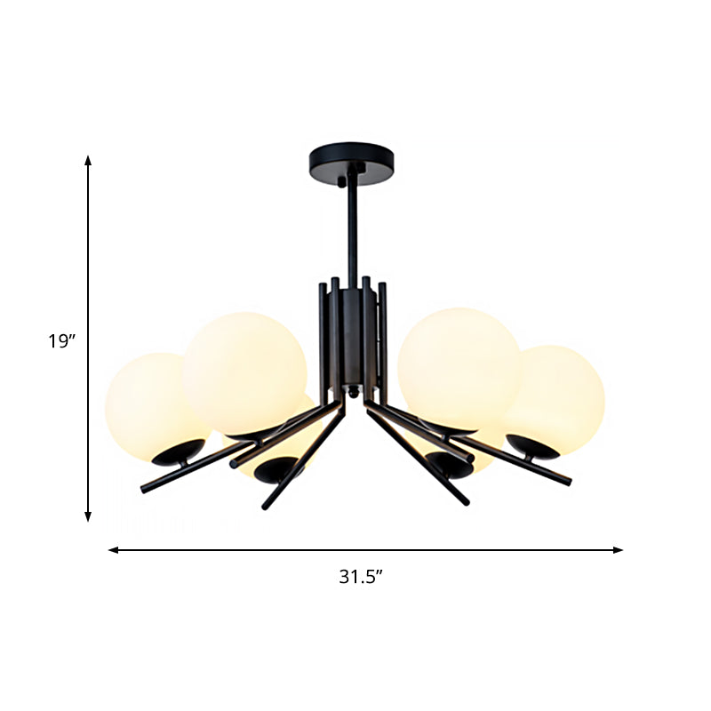 Milky Glass Global Semi Flush 6-Bulb Black Ceiling Mount Light for Modern Bedrooms