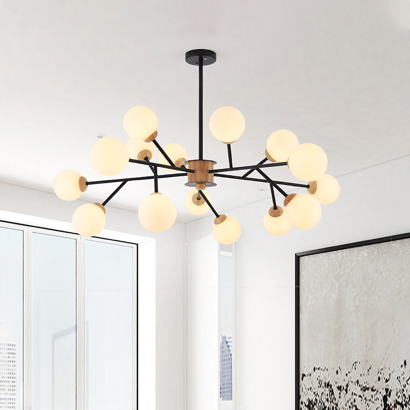 Contemporary Milky Glass Sphere Chandelier - 6/15 Head Pendant Lighting Fixture In White/Black Black