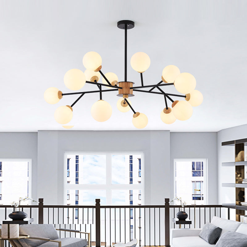 Contemporary Milky Glass Sphere Chandelier - 6/15 Head Pendant Lighting Fixture In White/Black