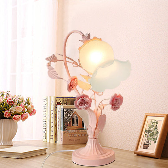 Countryside Opal Frosted Glass Pink Nightstand Lamp - Flower Bedroom Table Light