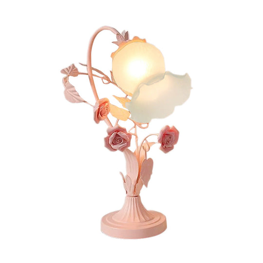 Countryside Opal Frosted Glass Pink Nightstand Lamp - Flower Bedroom Table Light