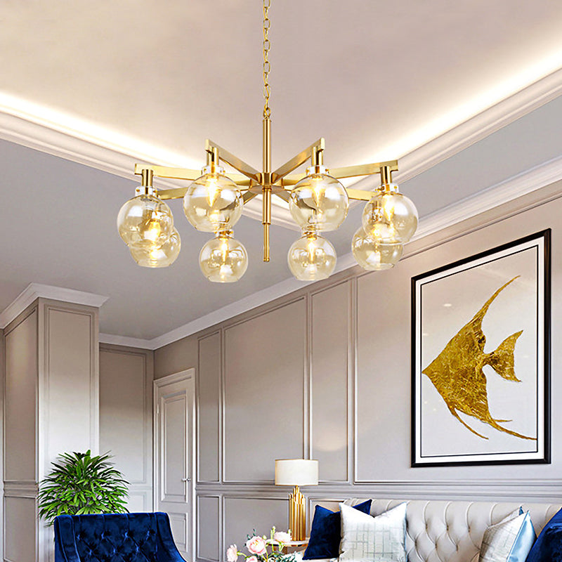 Stylish 8-Head Gold Ball Chandelier with Amber Glass Shade - Modern Ceiling Hanging Light