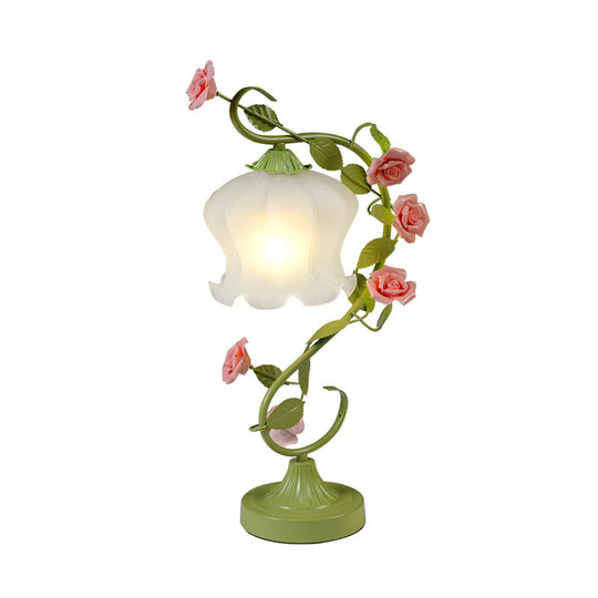 Floral Table Lamp With Frosted White Glass Night Light - Traditional White/Green Design For Living