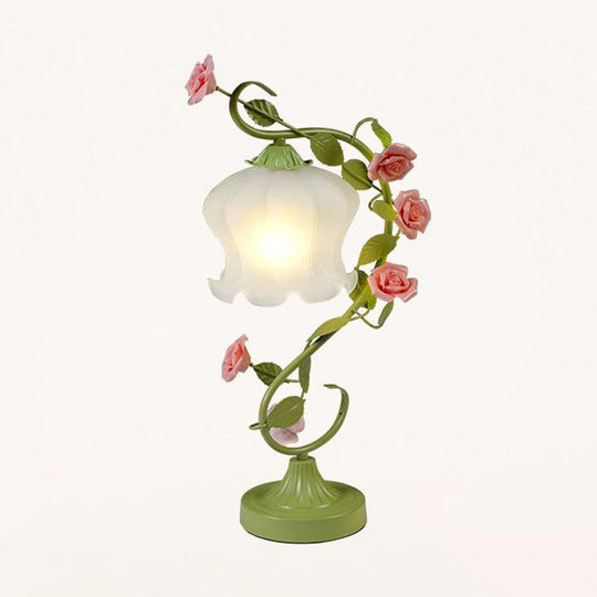 Floral Table Lamp With Frosted White Glass Night Light - Traditional White/Green Design For Living