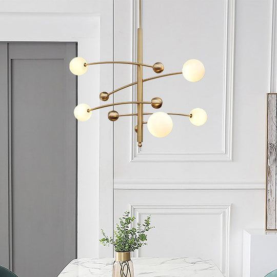 Modern Gold Bedroom Chandelier with Milk Glass Shades - 5 Bulb Suspended Lighting Fixture