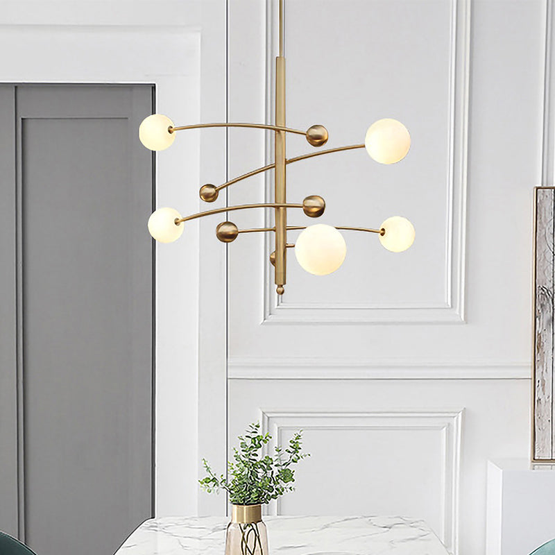 Modern Gold Chandelier With Milk Glass Shades - 5 Bulb Bedroom Lighting Fixture