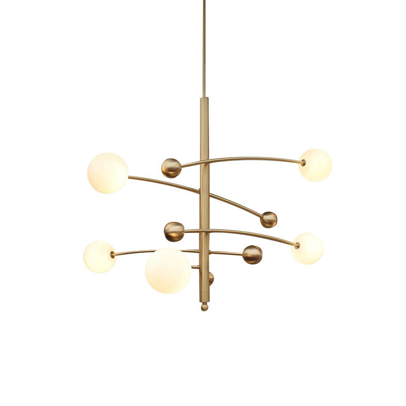 Modern Gold Chandelier With Milk Glass Shades - 5 Bulb Bedroom Lighting Fixture