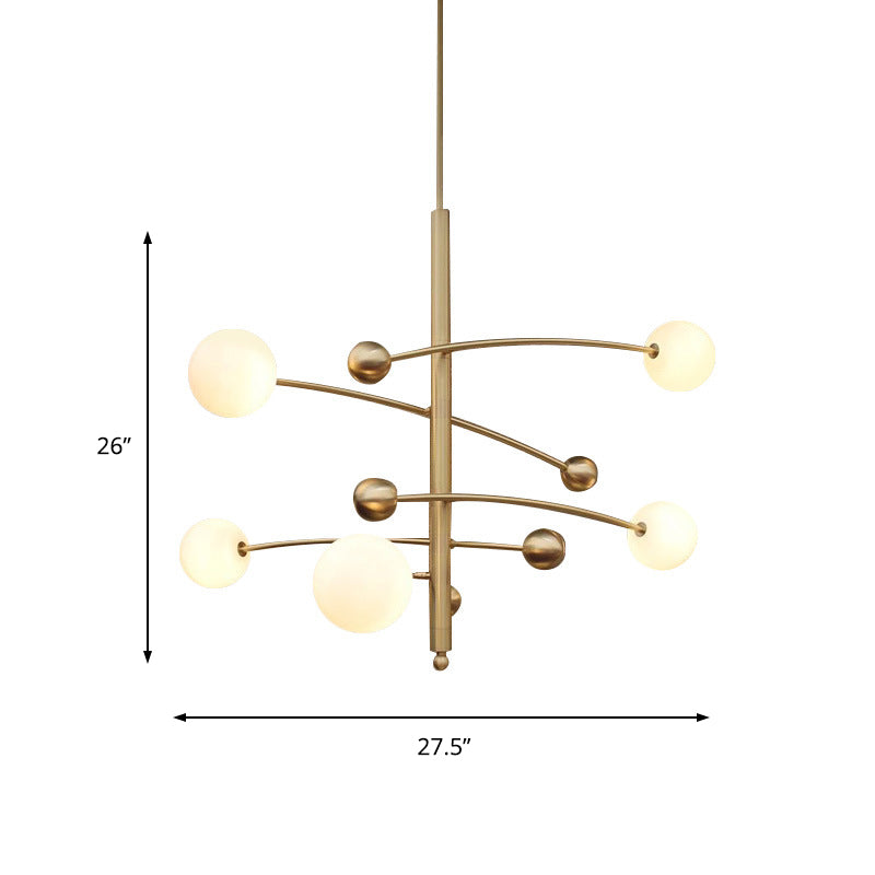 Modern Gold Bedroom Chandelier with Milk Glass Shades - 5 Bulb Suspended Lighting Fixture