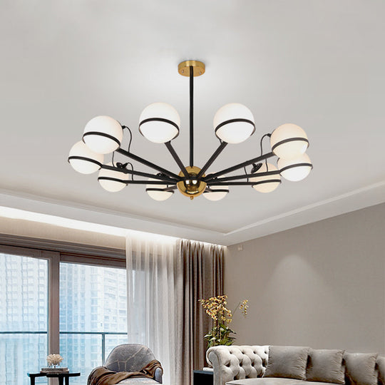 Modernist Round Hanging Chandelier - Frosted White Glass - 6/8/10 Bulbs - Black Pendant Light Fixture