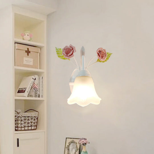 Ivory Glass Flower Wall Lamp Countryside Living Room Sconce Light Fixture