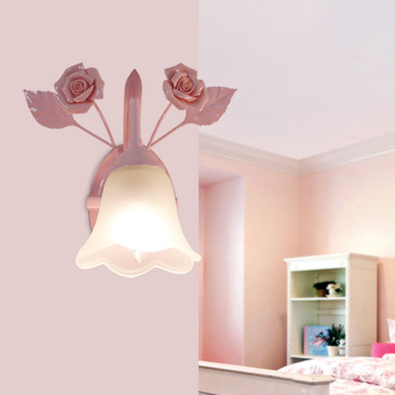 Ivory Glass Flower Wall Lamp Countryside Living Room Sconce Light Fixture Pink