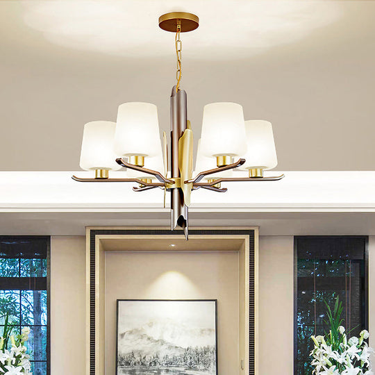 Gold Frosted Glass Conical Pendant Chandelier - Contemporary Ceiling Hanging Light With 6 Heads