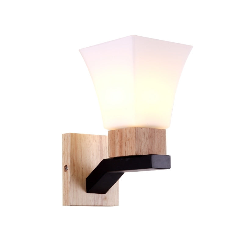 Contemporary Wall Sconce Light With Wide Flare Head And White Glass In Wood Mount