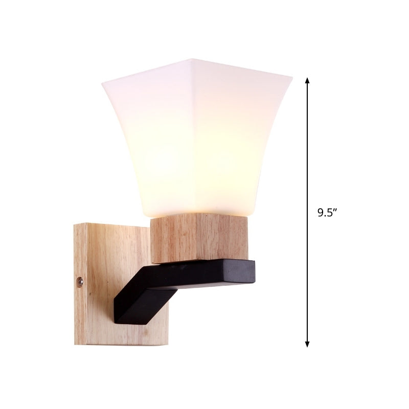 Contemporary Wall Sconce Light With Wide Flare Head And White Glass In Wood Mount