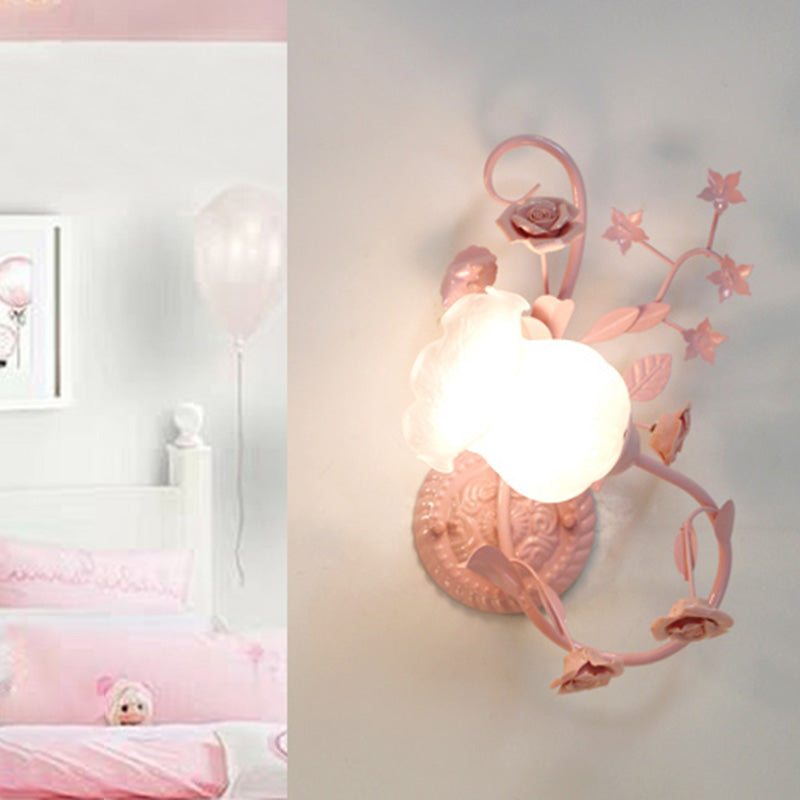 Countryside Glass Blossom Wall Lamp: Cream 1 Head Sconce Light In White/Pink - Left/Right Mount