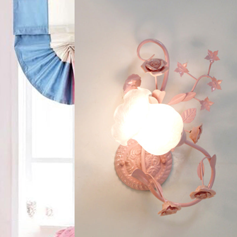 Countryside Glass Blossom Wall Lamp: Cream 1 Head Sconce Light In White/Pink - Left/Right Mount