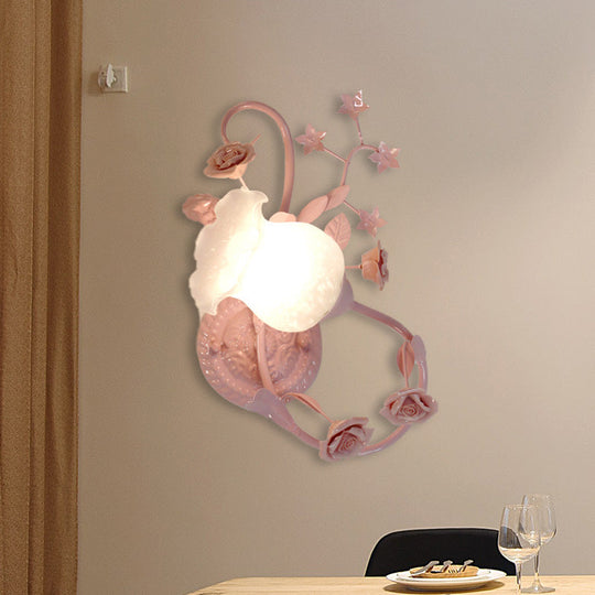 Countryside Glass Blossom Wall Lamp: Cream 1 Head Sconce Light In White/Pink - Left/Right Mount