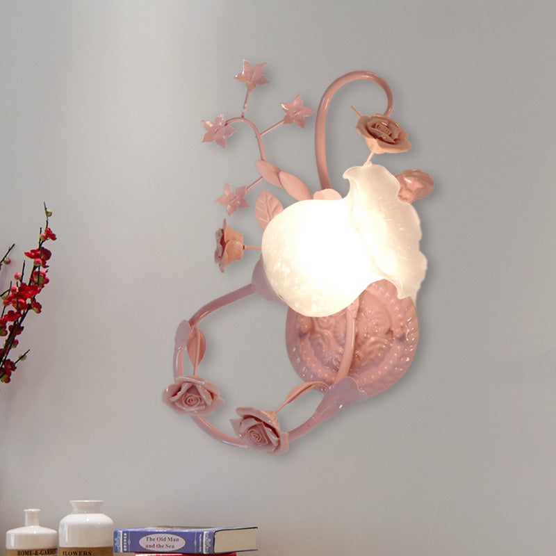 Countryside Glass Blossom Wall Lamp: Cream 1 Head Sconce Light In White/Pink - Left/Right Mount