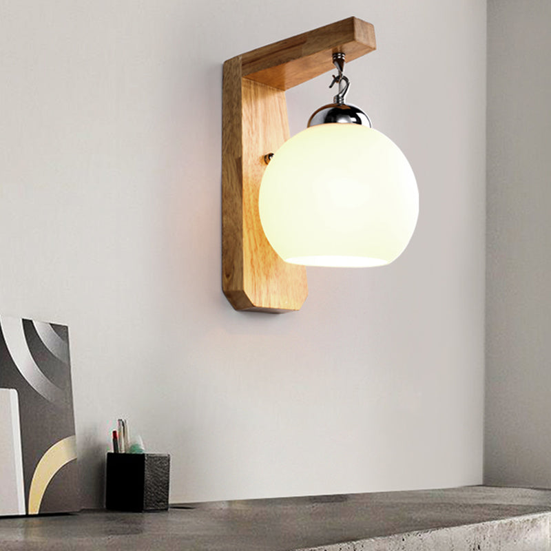 Wooden Asian Wall Sconce Light With Round White Glass Shade - Beige Finish