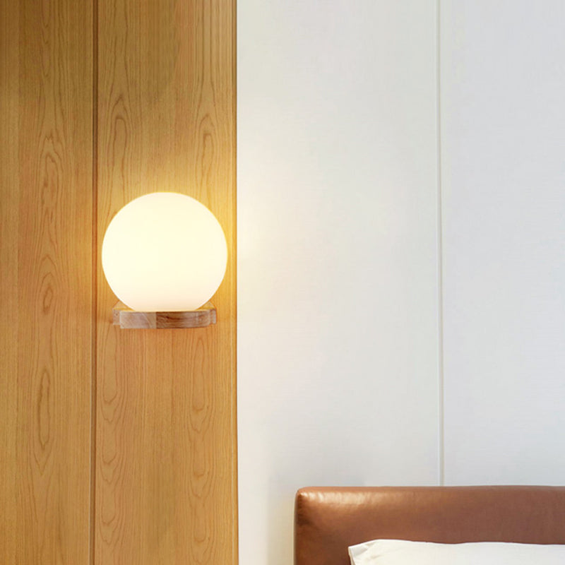 Modern Wood Spherical Wall Sconce Light With Milk Glass Shade