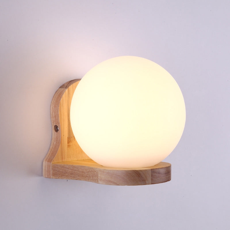 Modern Wood Spherical Wall Sconce Light With Milk Glass Shade