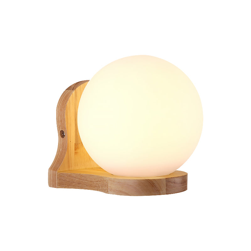 Modern Wood Spherical Wall Sconce Light With Milk Glass Shade