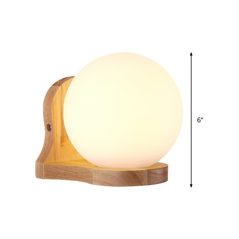 Modern Wood Spherical Wall Sconce Light With Milk Glass Shade