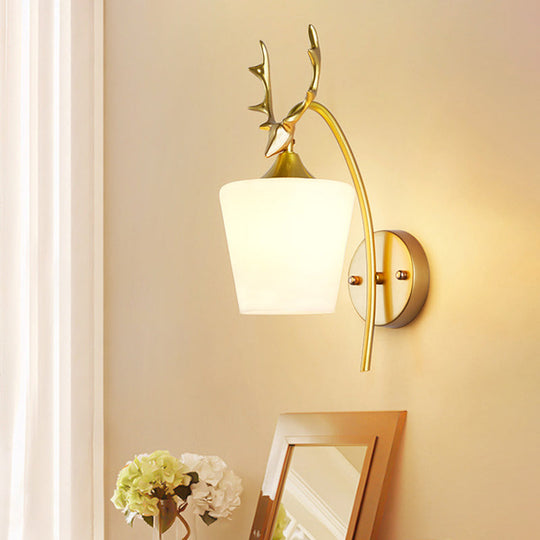 Modern Gold Wall Mount Light Fixture With Opal Glass And Metal Elk - Conical Sconce