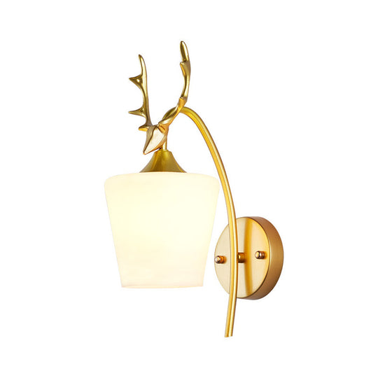 Modern Gold Wall Mount Light Fixture With Opal Glass And Metal Elk - Conical Sconce