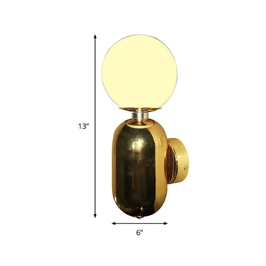 Modern White Glass Globe Sconce Light - 6/8 Wide 1 Bulb Gold Wall Mounted Lighting