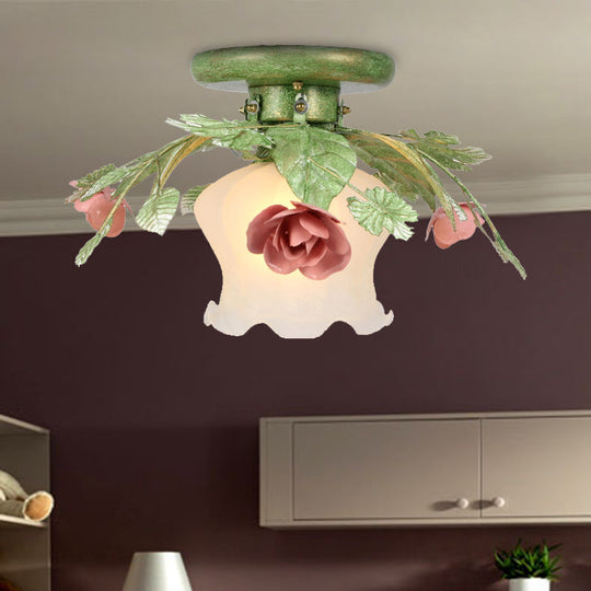 Traditional Green Frosted Glass Flower Semi-Flush Mount Ceiling Light Fixture