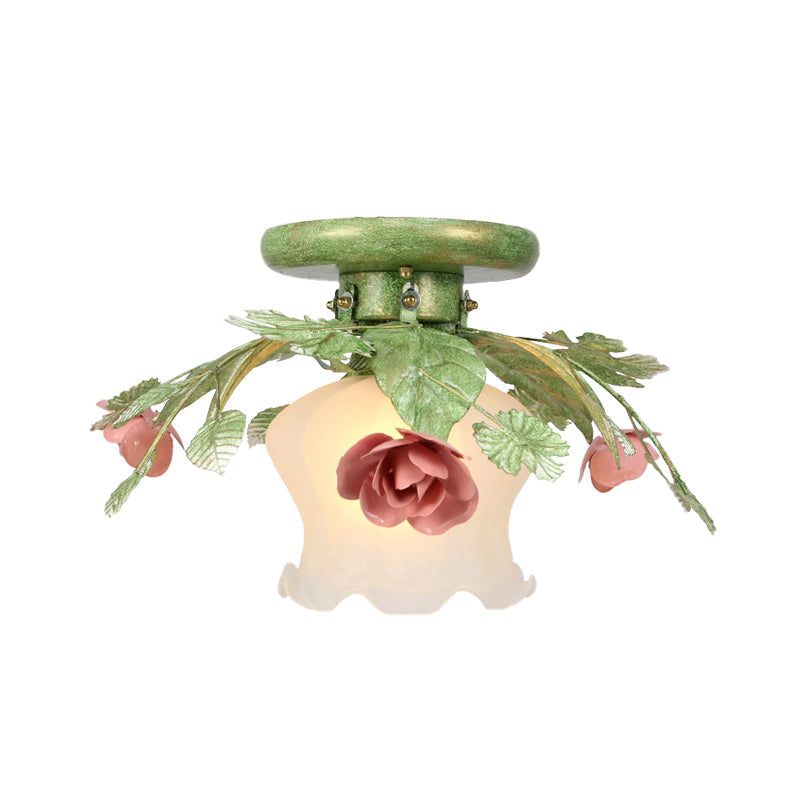 Traditional Green Frosted Glass Flower Semi-Flush Mount Ceiling Light Fixture