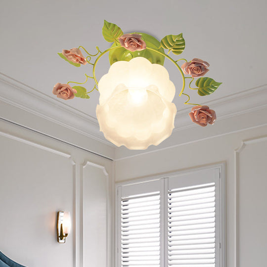 Traditional Green Rose Ceiling Light for Living Room - Sandblasted Glass Semi Flush Fixture