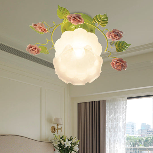 Traditional Green Rose Ceiling Light for Living Room - Sandblasted Glass Semi Flush Fixture