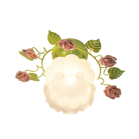 Traditional Green Rose Ceiling Light for Living Room - Sandblasted Glass Semi Flush Fixture