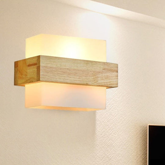 Modern Wood Rectangle Wall Lamp With Beige Sconce White Glass Shade