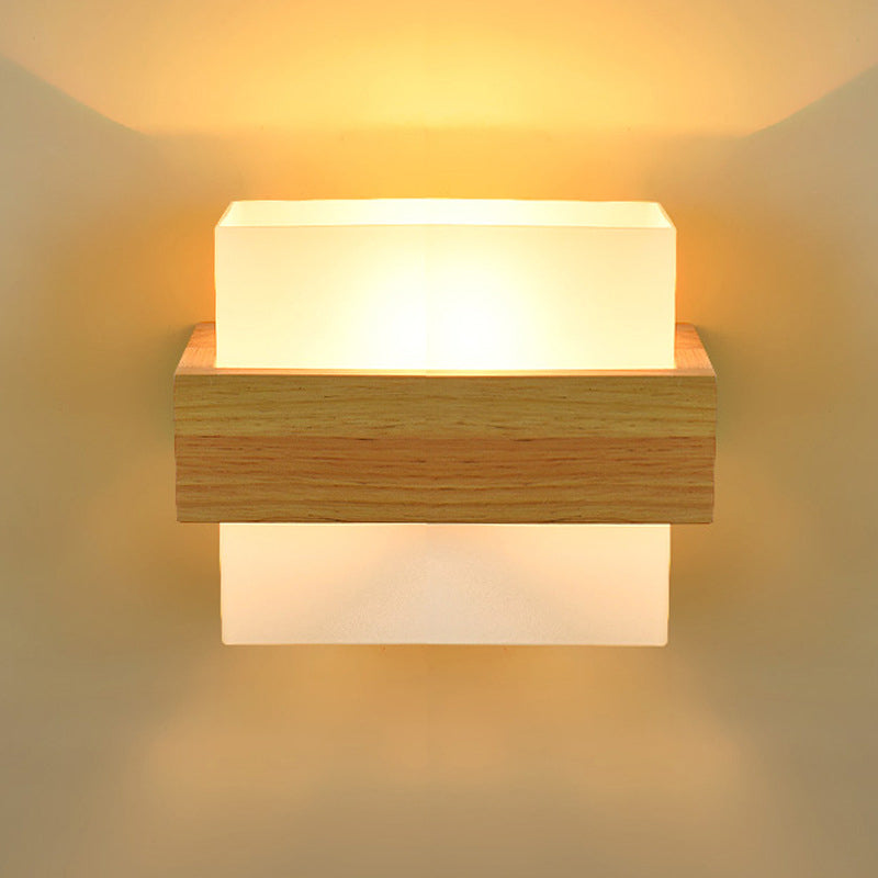 Modern Wood Rectangle Wall Lamp With Beige Sconce White Glass Shade