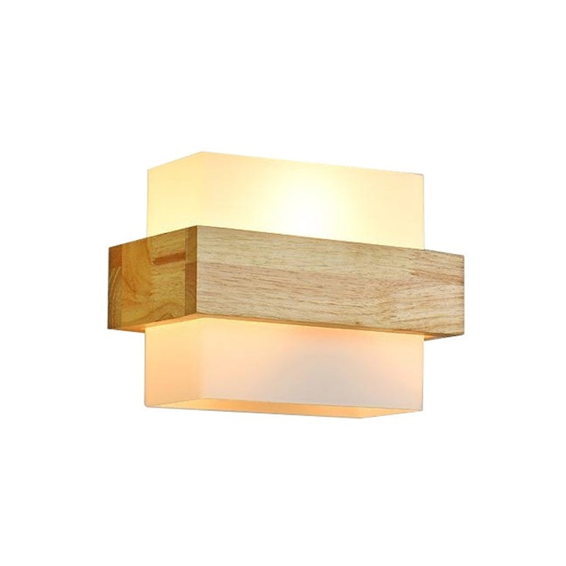 Modern Wood Rectangle Wall Lamp With Beige Sconce White Glass Shade