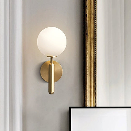 Milky Glass Ball Sconce - Contemporary 1-Head Brass Wall Light Fixture With Metal Arm