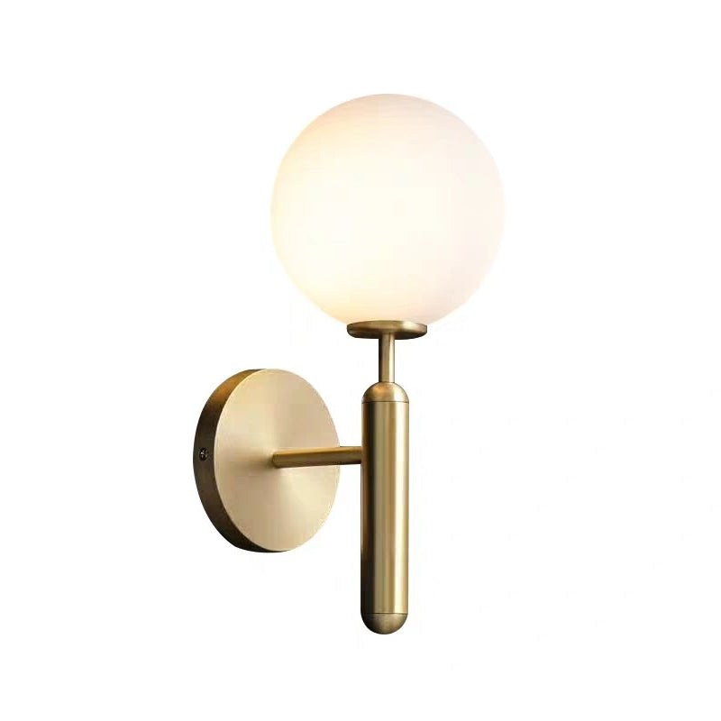 Milky Glass Ball Sconce - Contemporary 1-Head Brass Wall Light Fixture With Metal Arm