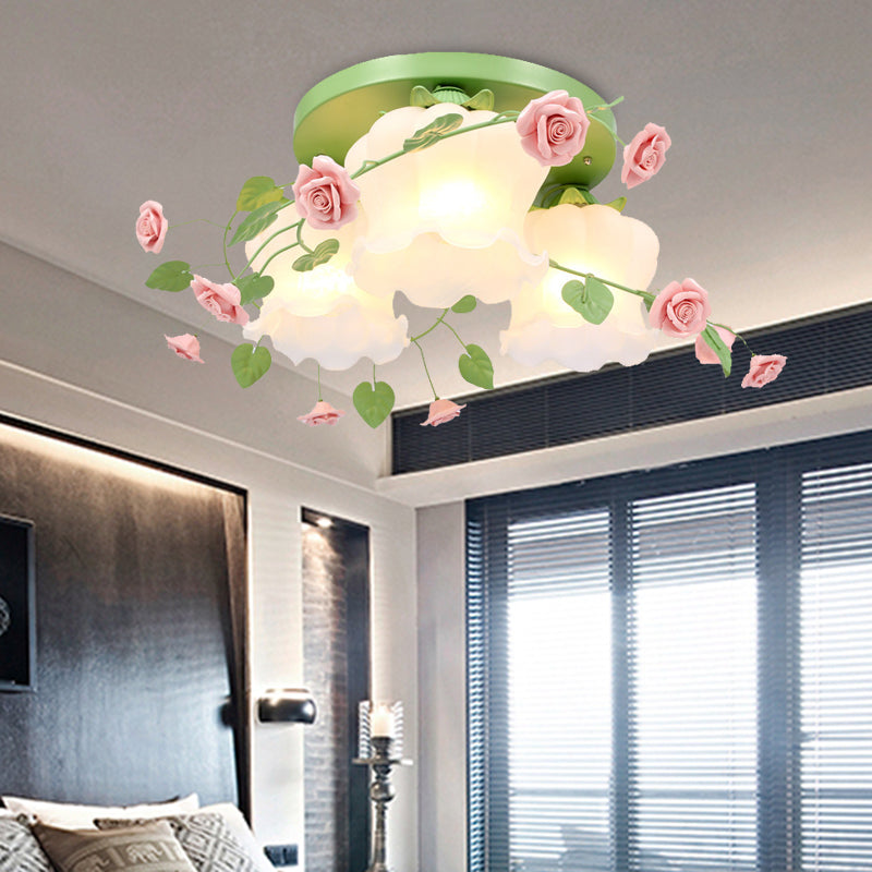 Blooming Beauty: Opal Glass 3-Head Flush Mount Ceiling Light with Countryside Charm in White/Green for Bedrooms