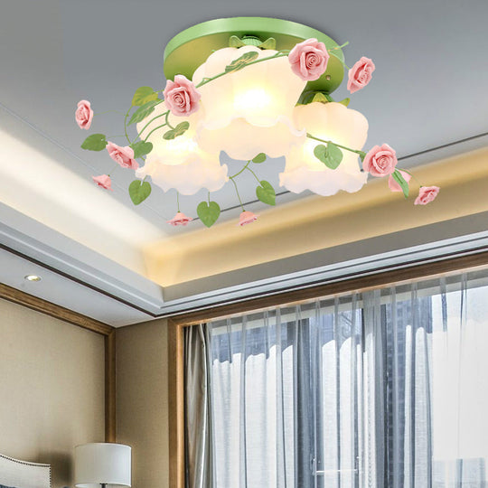 Blooming Beauty: Opal Glass 3-Head Flush Mount Ceiling Light with Countryside Charm in White/Green for Bedrooms