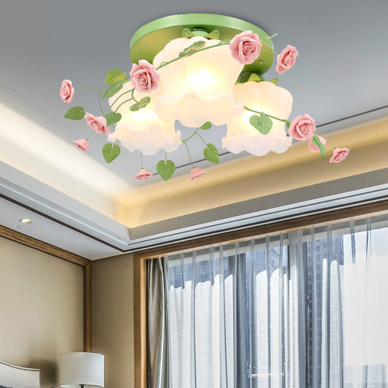 Blooming Beauty: Opal Glass 3-Head Flush Mount Ceiling Light With Countryside Charm In White/Green