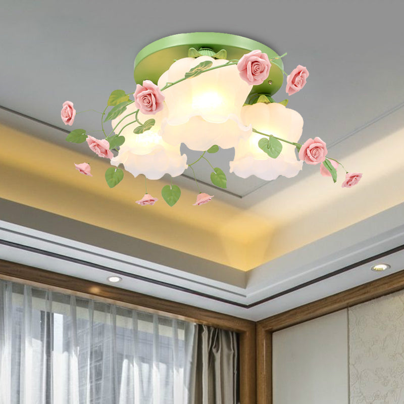 Blooming Beauty: Opal Glass 3-Head Flush Mount Ceiling Light With Countryside Charm In White/Green