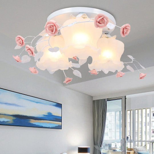 Blooming Beauty: Opal Glass 3-Head Flush Mount Ceiling Light with Countryside Charm in White/Green for Bedrooms