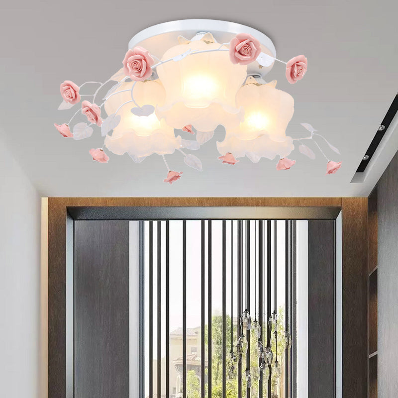 Opal Glass Bloom Ceiling Light - Countryside 3-Head Flush Mount Fixture (White/Green)